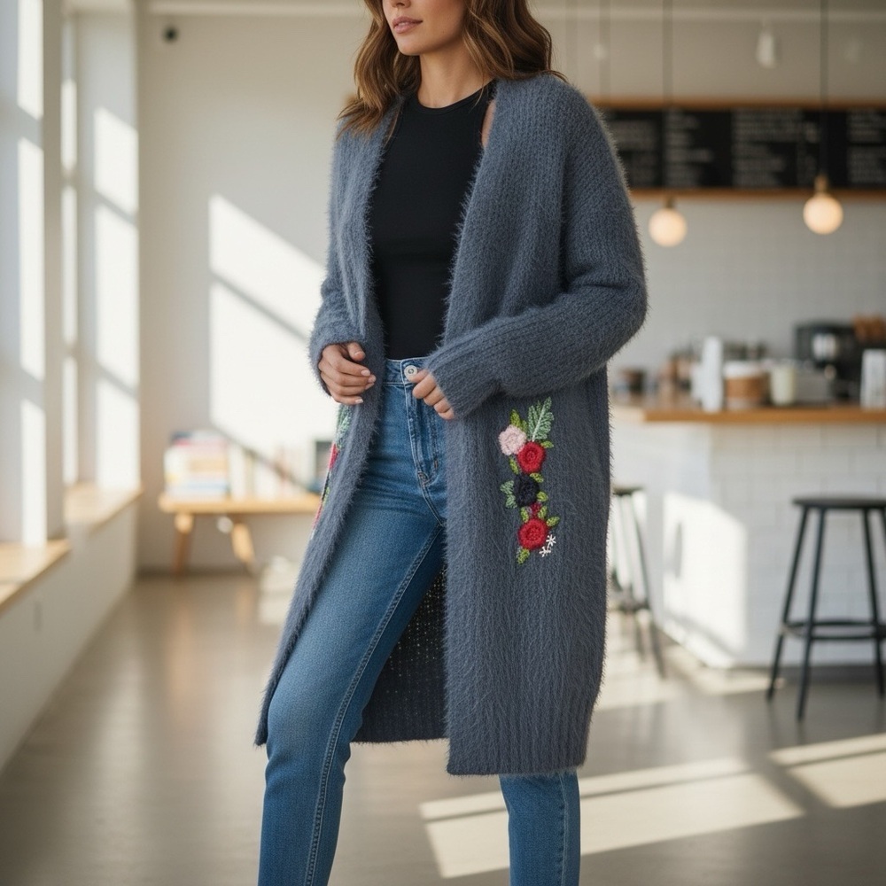 Pol Long Cardigan Sweater Gray Open Front Women’s Size M Embroidered Warm Cozy